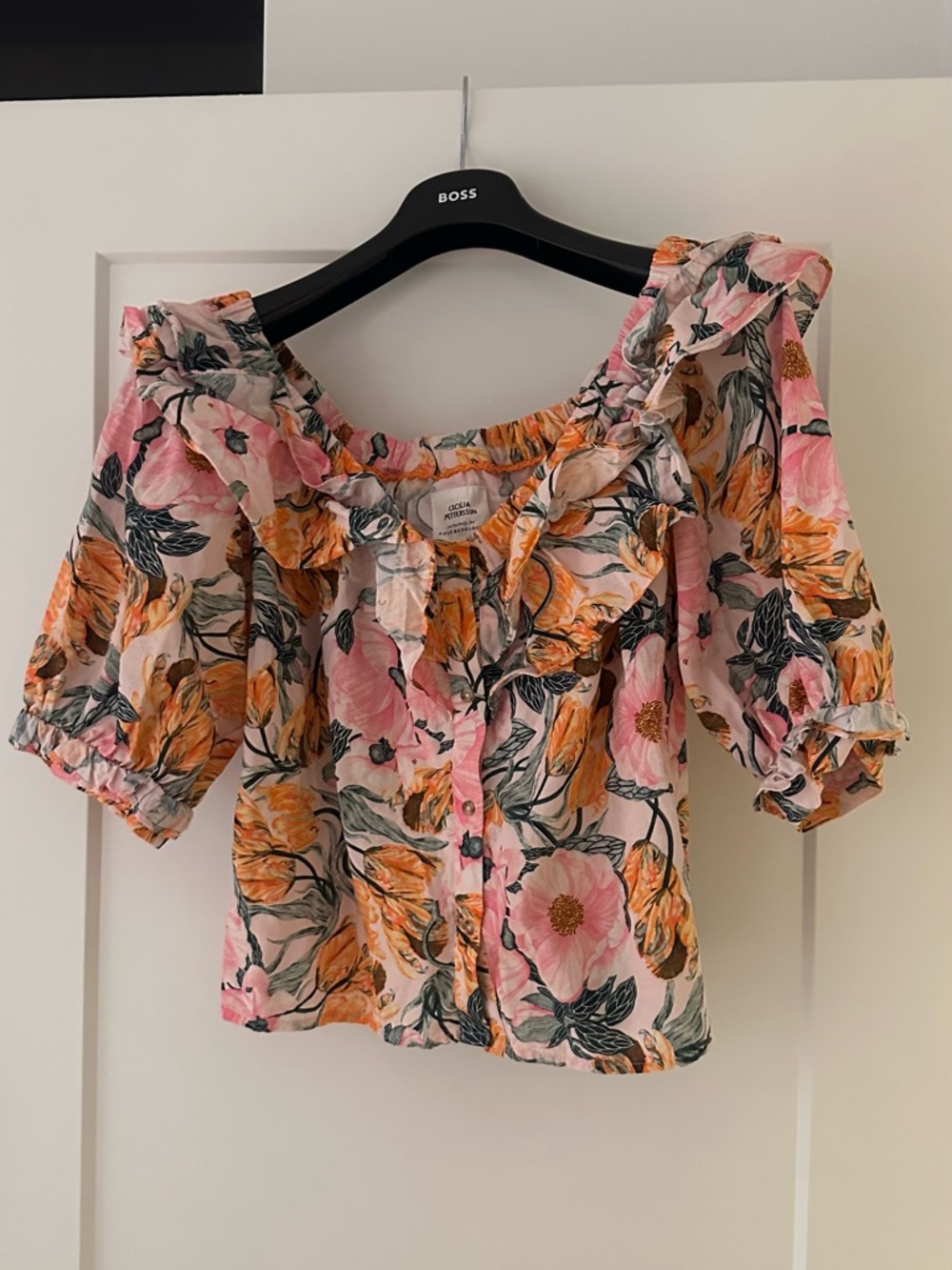 Anthropologie Pink & Orange Floral Ruffle Button Blouse
